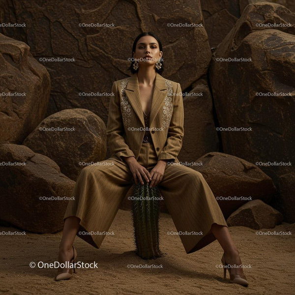 Elegant Model in Brown Suit Posing Amidst Desert Rocks Stock Photo Bundle (16 JPG Files)