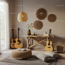 Cozy boho living room with guitars and natural decor