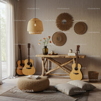 Cozy boho living room with guitars and natural decor