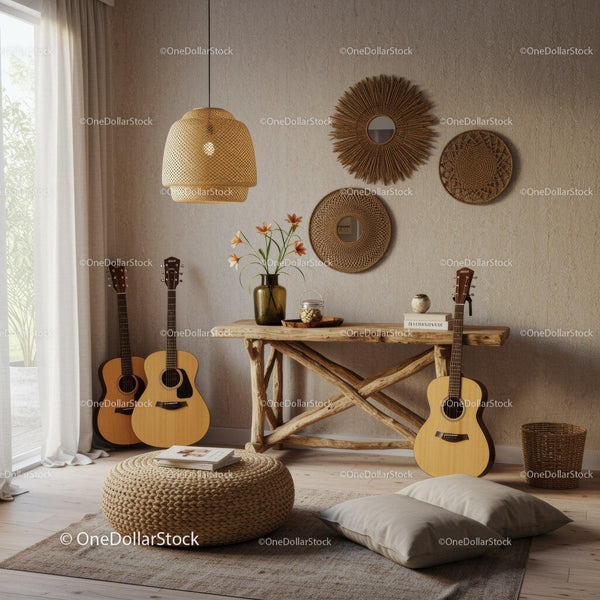 Cozy boho living room with guitars and natural decor