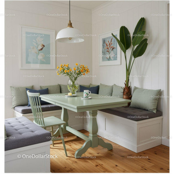 Bright and Cozy Scandinavian Kitchen Corner with Green Table and Plants