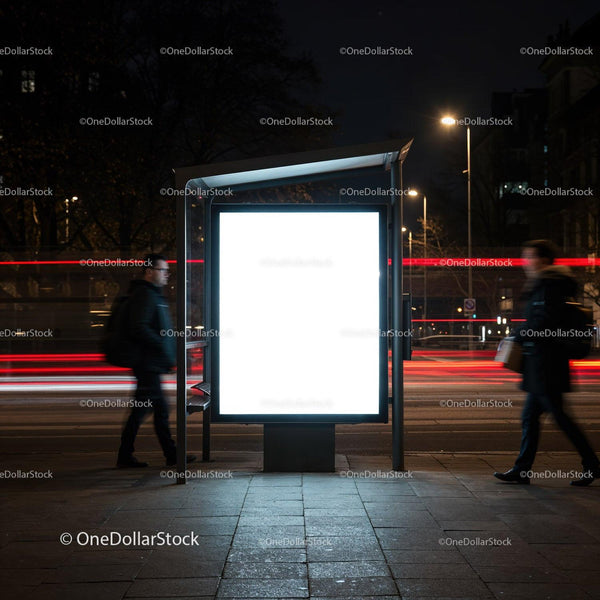 Illuminated urban bus stop billboard at night JPG Mockup Image