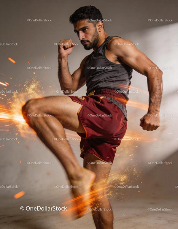 Focused martial artist delivering powerful kick training
