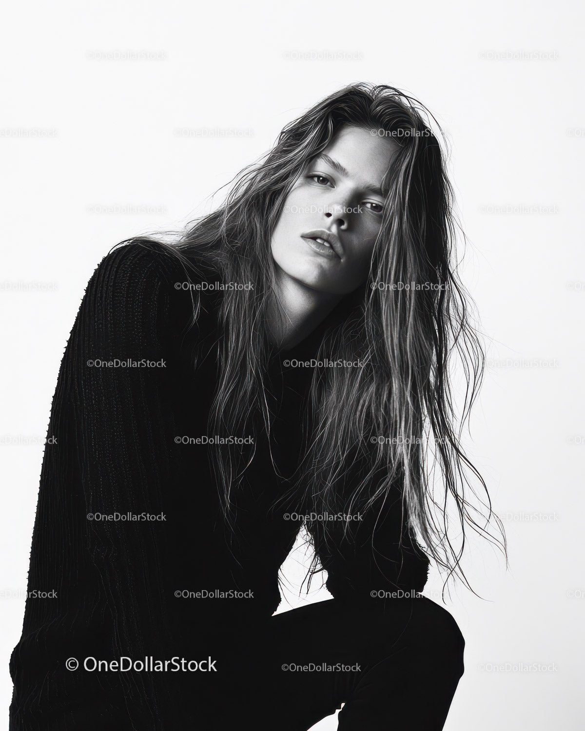 Black and White Portrait of a Stylish Woman with Wavy Hair