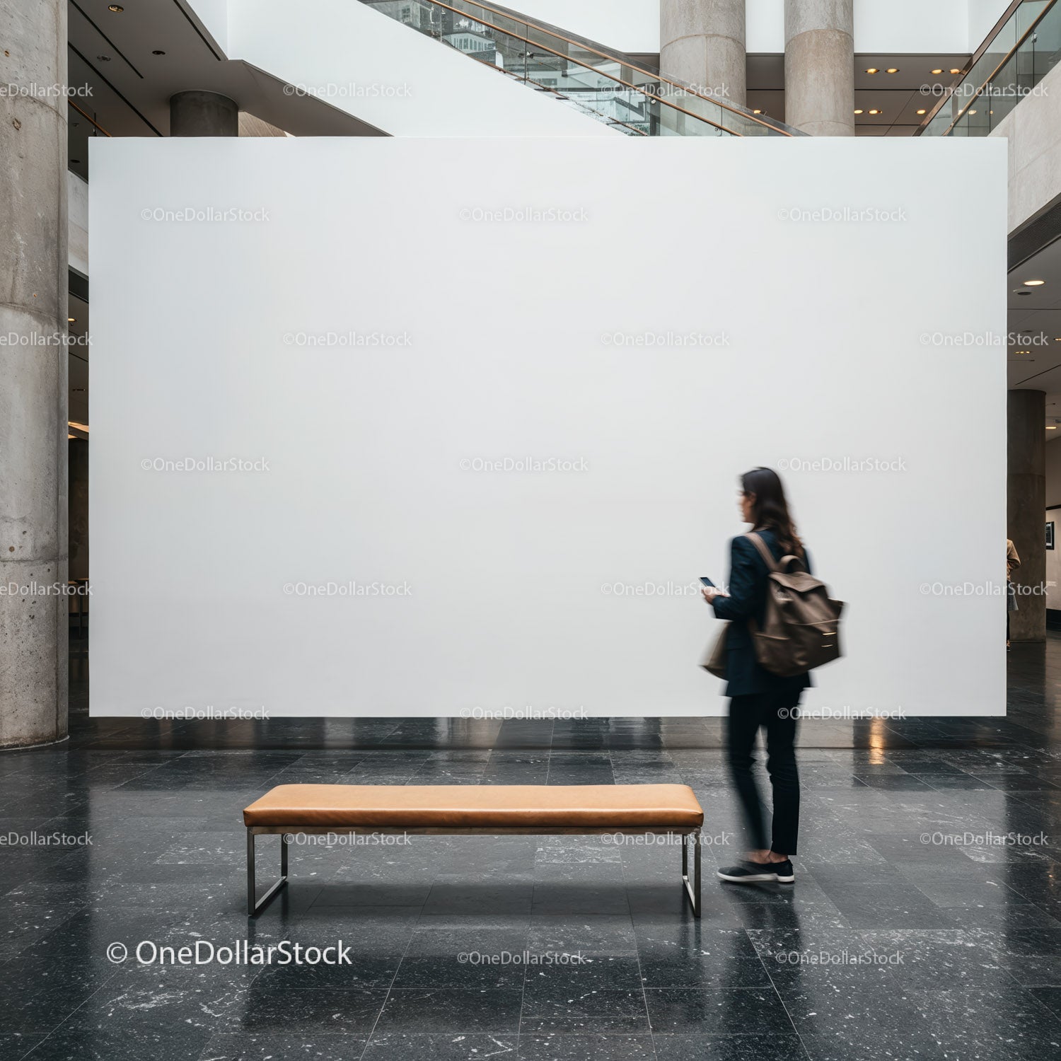 Woman Standing in Modern Gallery with Blank Wall