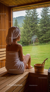Woman Relaxing in Sauna with Forest View on a Sunny Day