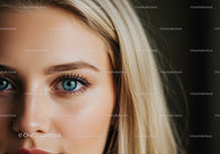 Close up of blue eye and blonde hair with natural skin