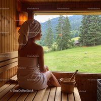 Serene Sauna Scene with Woman Relaxing Overlooking Mountainous Landscape