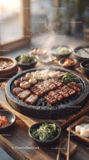 Korean Barbecue with Grilled Meat and Fresh Vegetables in a Traditional Setting