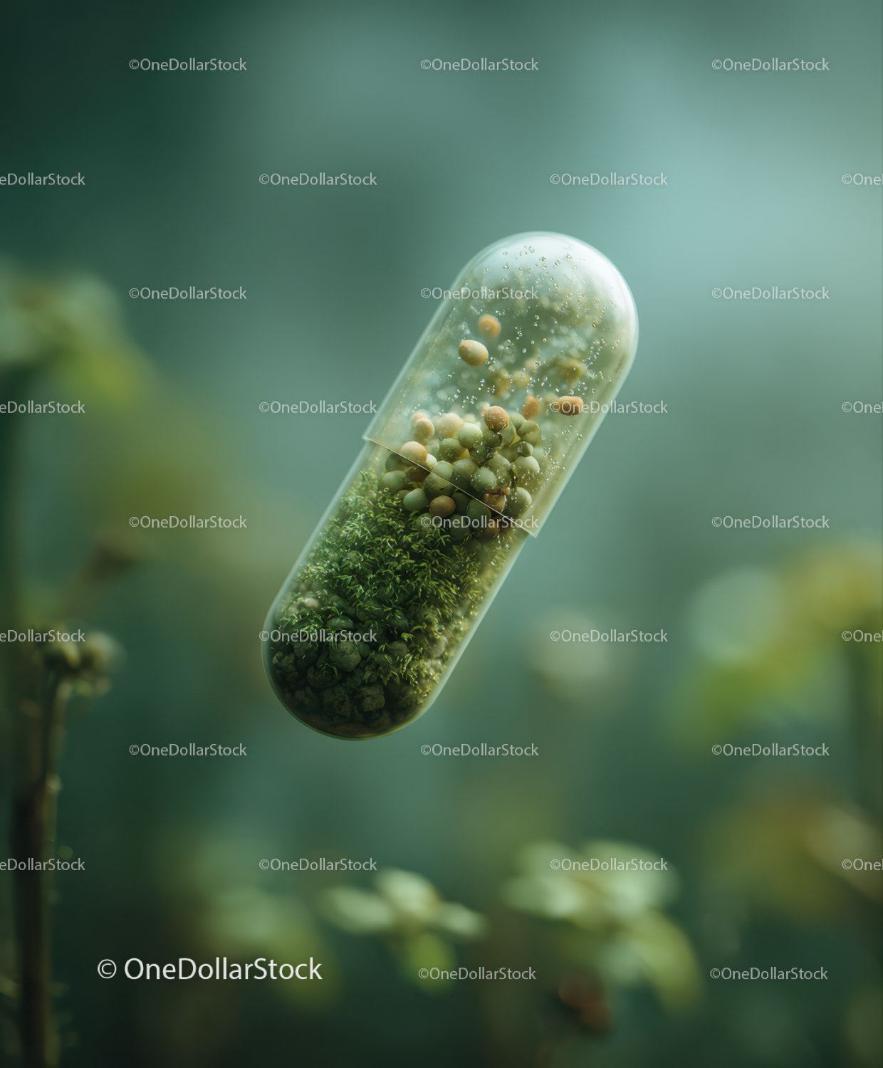 Green Capsule Filled with Moss and Tiny Plants in a Natural Context