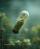 Green Capsule Filled with Moss and Tiny Plants in a Natural Context