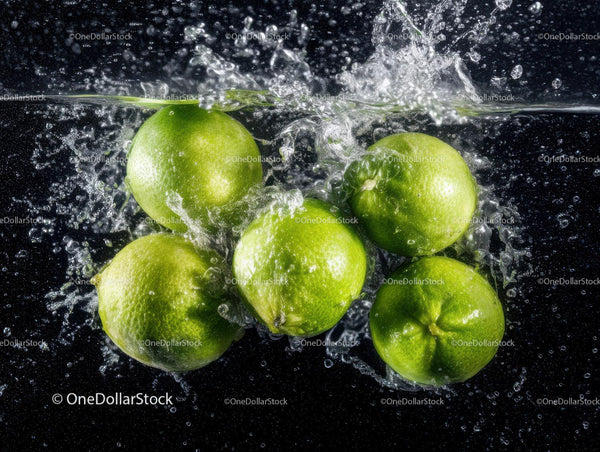 Fresh Green Limes Splashing Into Water Creating Dynamic Refreshing Scene