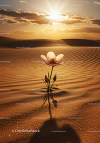 Solitary flower blooming in golden desert sunset