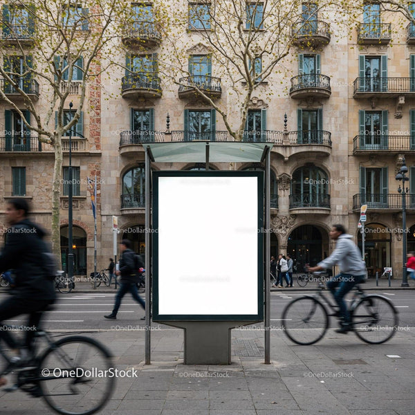 Blank Advertisement Board on Busy City Street in Spring JPG Mockup Image