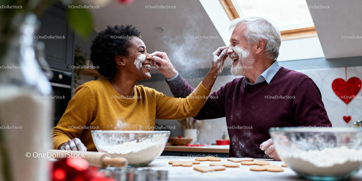 Couple Enjoying Playful Baking Moment in Cozy Kitchen