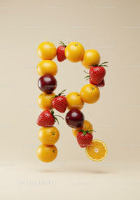 Fresh fruits forming letter R on light beige background