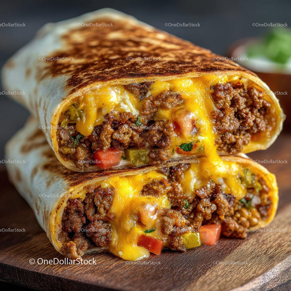 Cheesy Beef Burrito with Vegetables and Melted Cheese