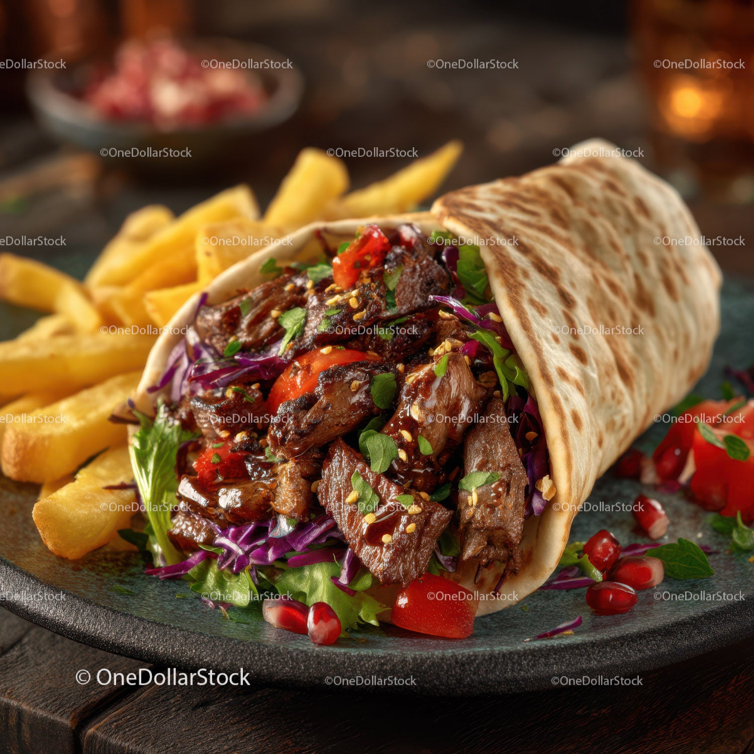 Turkish Beef Gyro Wrap with Fresh Vegetables and Fries