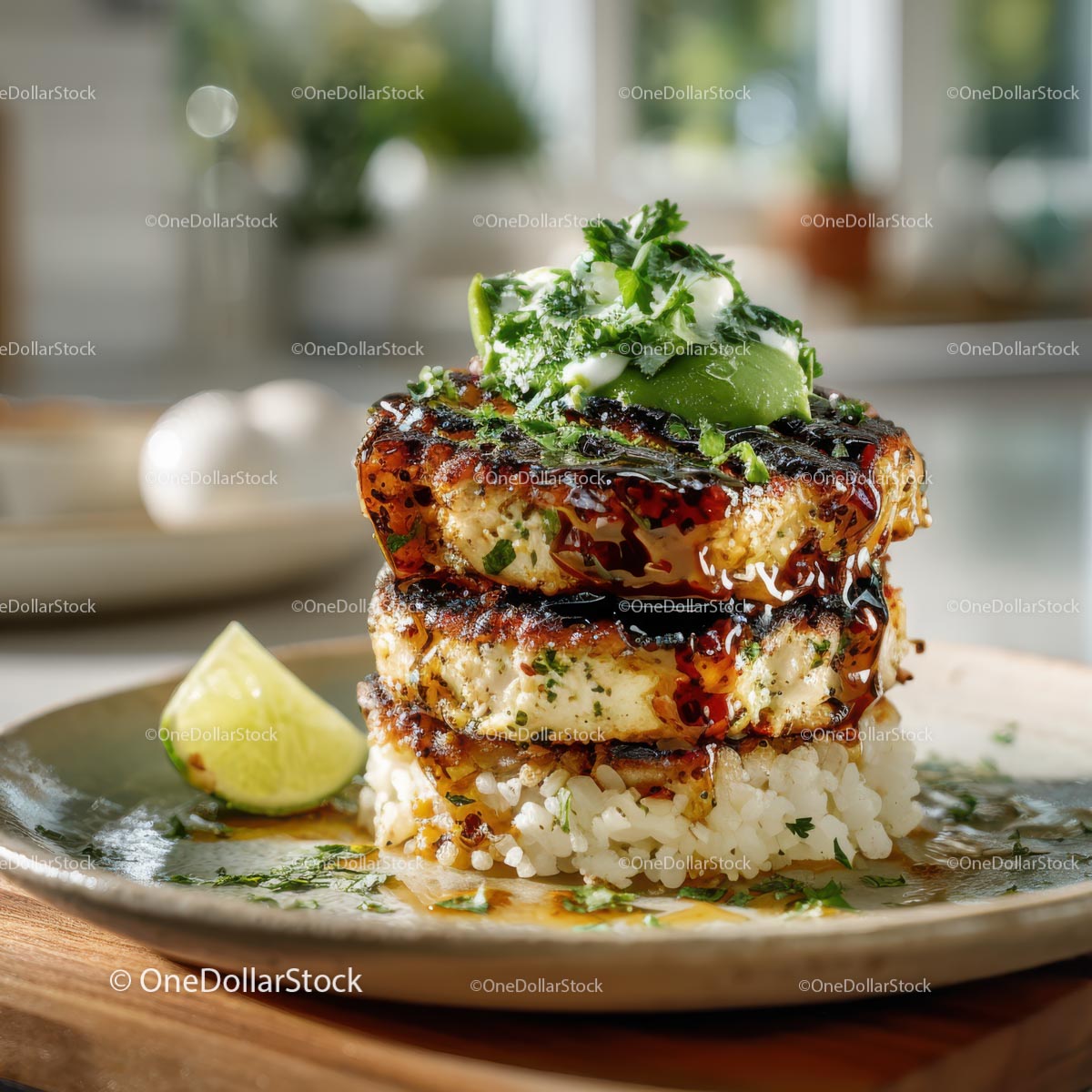 Delicious Grilled Cheese Stack with Rice and Cilantro Garnish