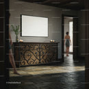 Cozy interior with wrought iron cabinet and soft lighting