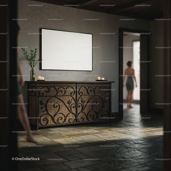 Cozy interior with wrought iron cabinet and soft lighting JPG Mockup Image