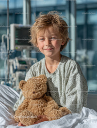 Child with Teddy Bear in Bright Hospital Room