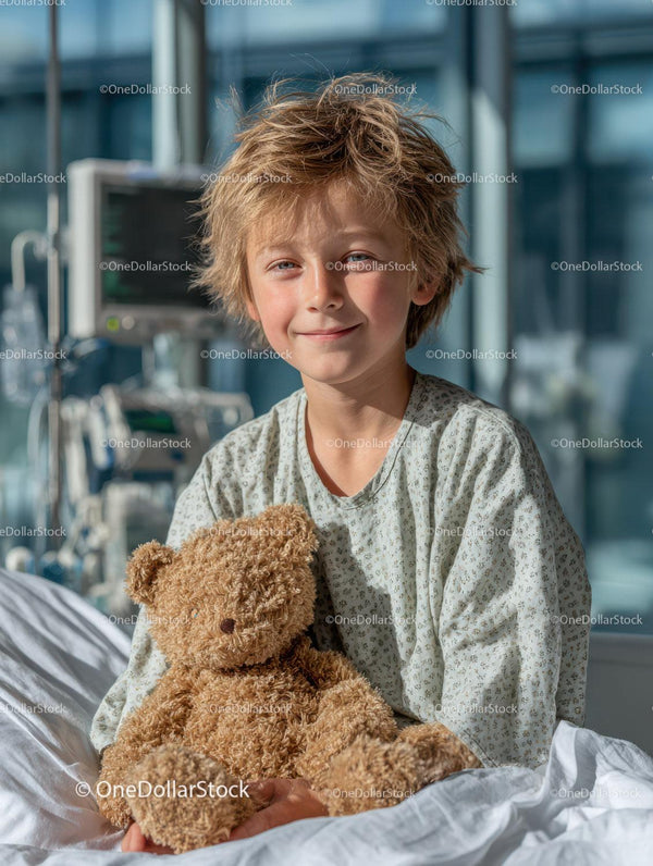 Child with Teddy Bear in Bright Hospital Room