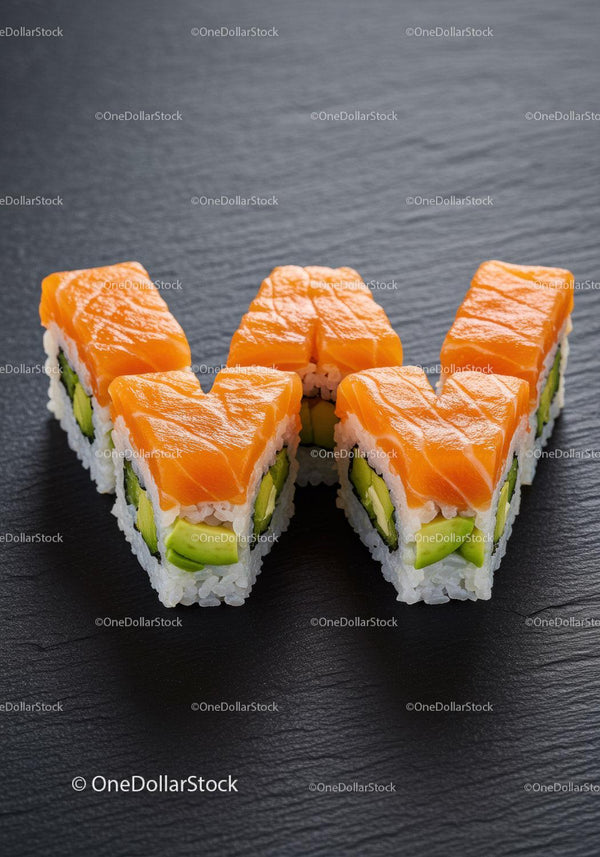 Fresh salmon sushi rolls arranged in W shape on black plate