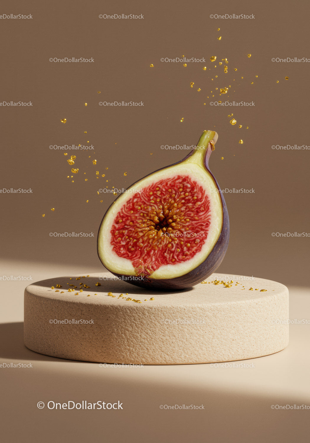 Fresh fig half with golden droplets on stone pedestal
