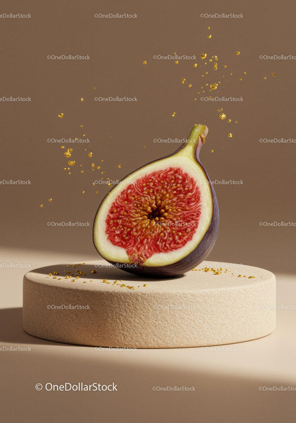 Fresh fig half with golden droplets on stone pedestal