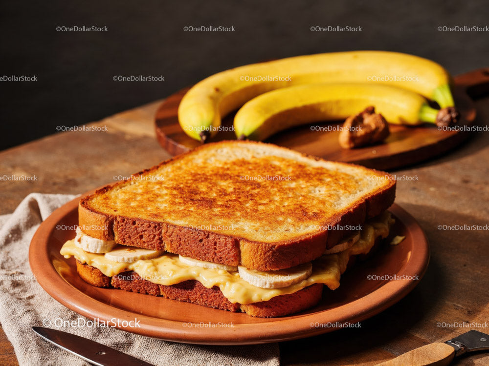 Banana and Peanut Butter Toast Sandwich on Rustic Plate