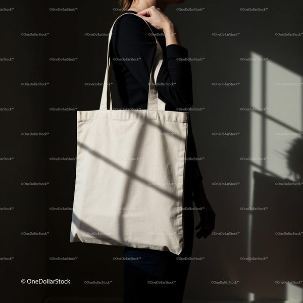 Woman Carrying Plain Canvas Tote Bag in Soft Light JPG Mockup Image
