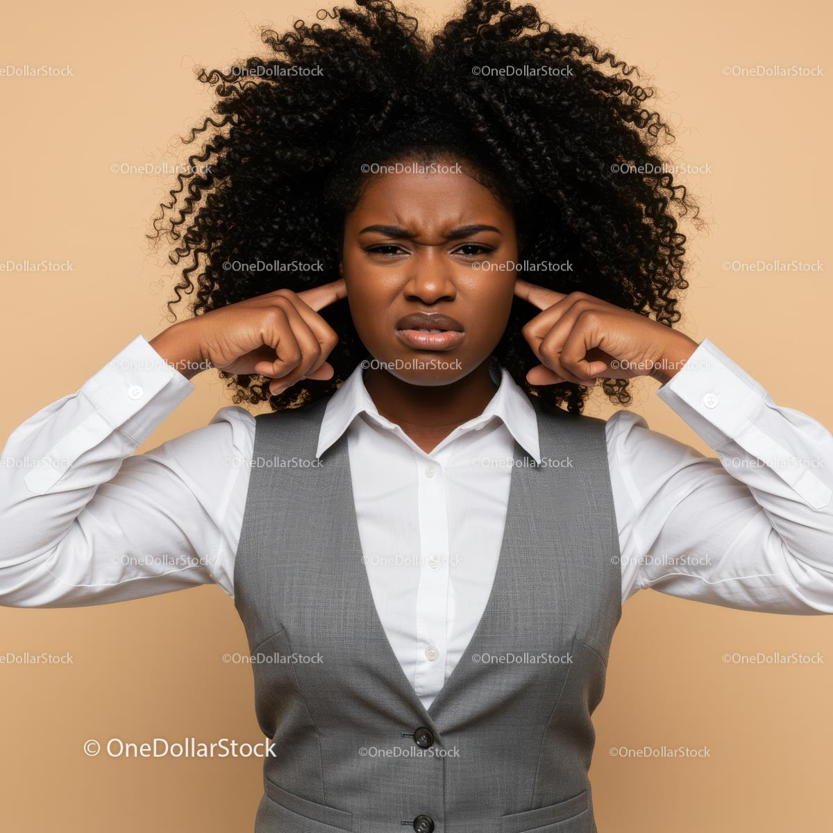 Frustrated Woman Covering Ears with Annoyed Expression