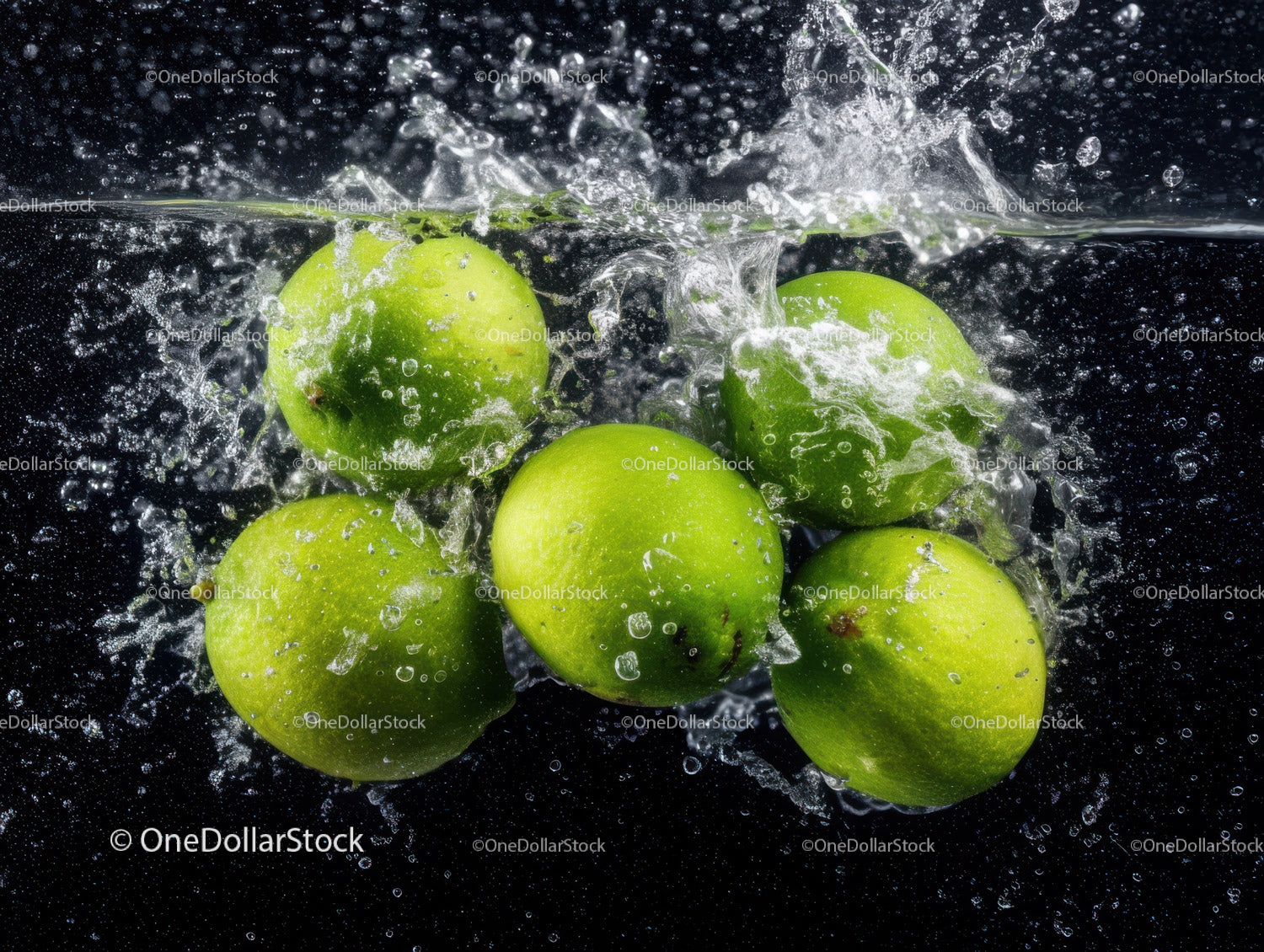 Fresh Green Apples Splashing into Water in Motion