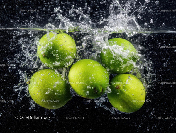 Fresh Green Apples Splashing into Water in Motion