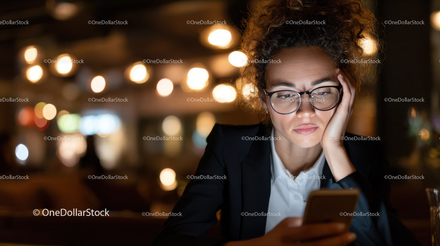 Młoda kobieta korzystająca ze smartfona w nocnym barze z efektownymi światłami bokeh