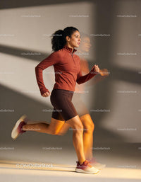 Focused young woman running indoors with motion blur