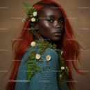 Elegant Portrait of a Woman with Flowing Red Hair and Botanical Accessories