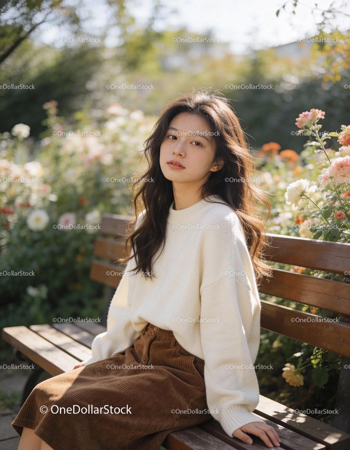 Young woman sitting thoughtfully on park bench
