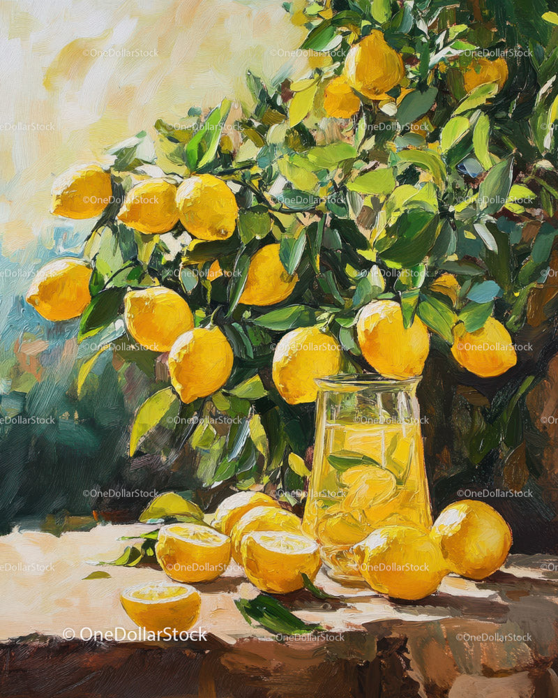 Lemon Tree with Ripe Lemons and Green Leaves in Botanical Illustration