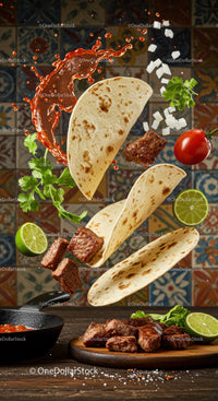 Floating tortillas with grilled meat and fresh ingredients