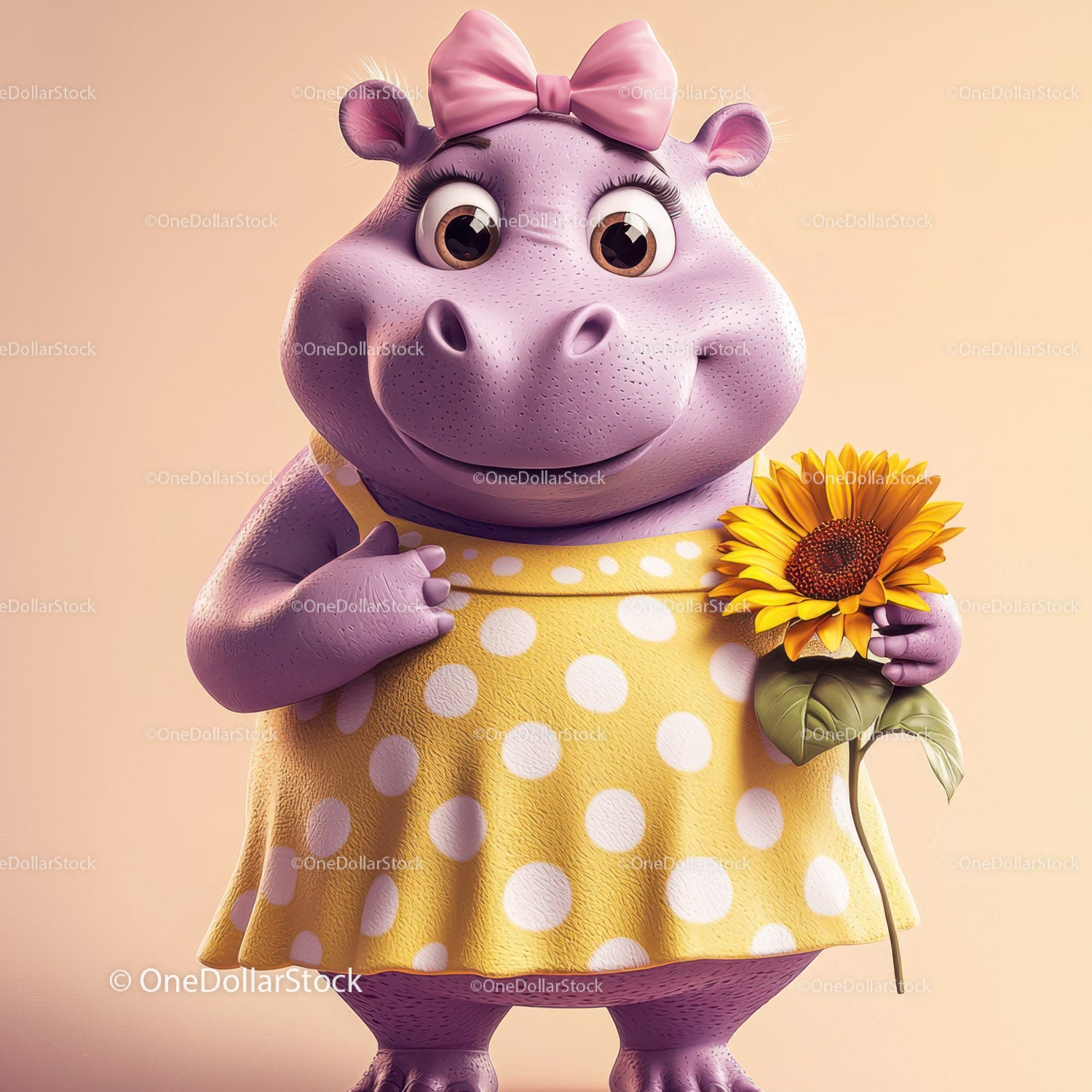 Adorable Cartoon Hippo in Yellow Polka Dot Dress Holding Sunflower