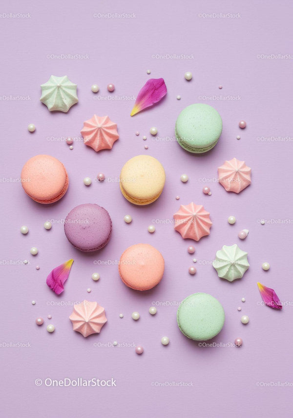 Colorful macarons and meringues on pastel purple background