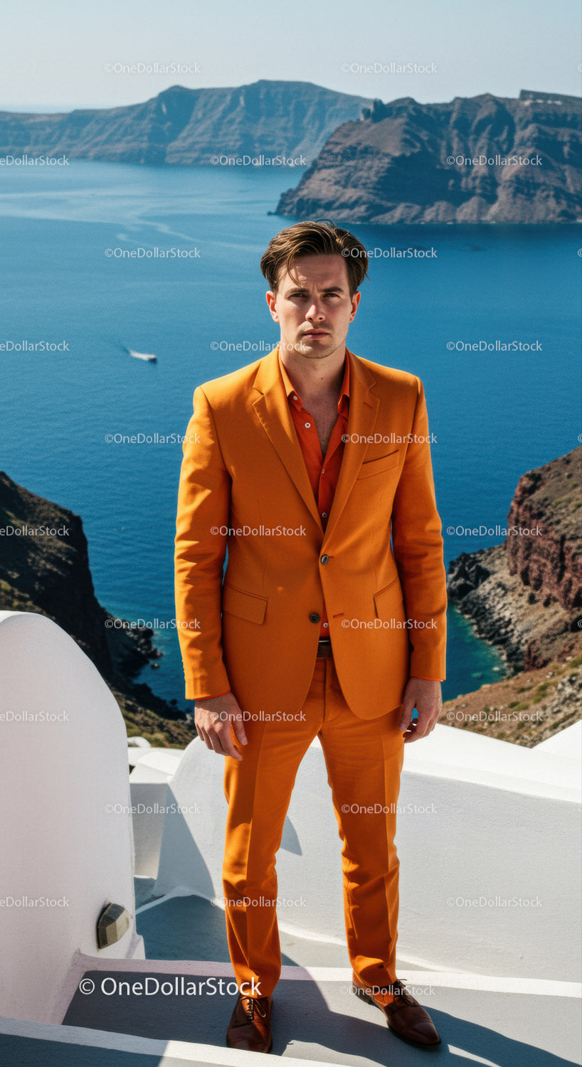 Man in bright orange suit with sea and cliffs background