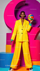 Vibrant Fashion Portrait with Bold Colors and Geometric Background