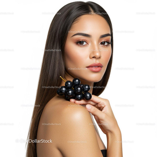 Elegant Woman with Long Dark Hair Holding Black Grape for Beauty and Wellness