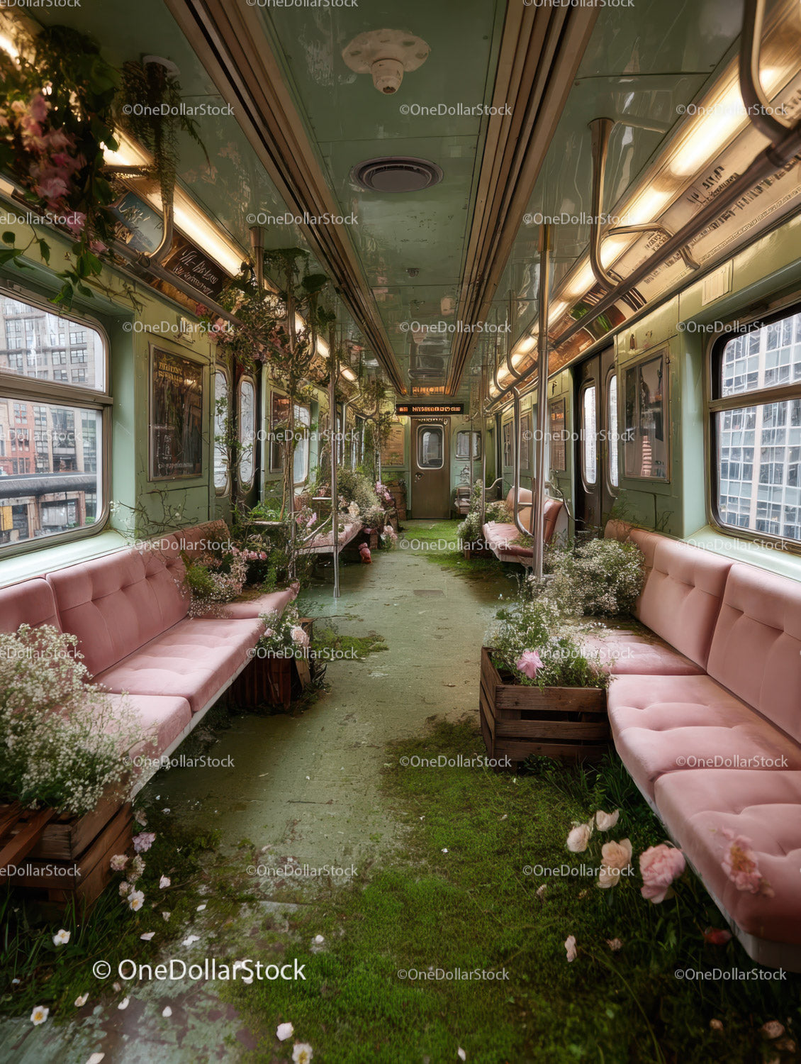 Zarośnięty zabytkowy wagon kolejowy z kwiatowymi dekoracjami w stylu Urban Decay