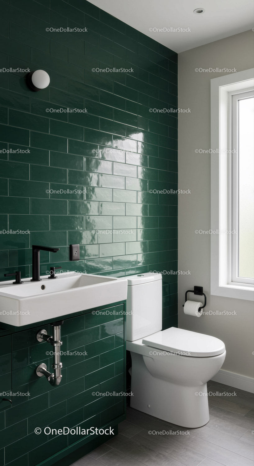 Modern Bathroom with Green Tile Wall and Minimalist Fixtures
