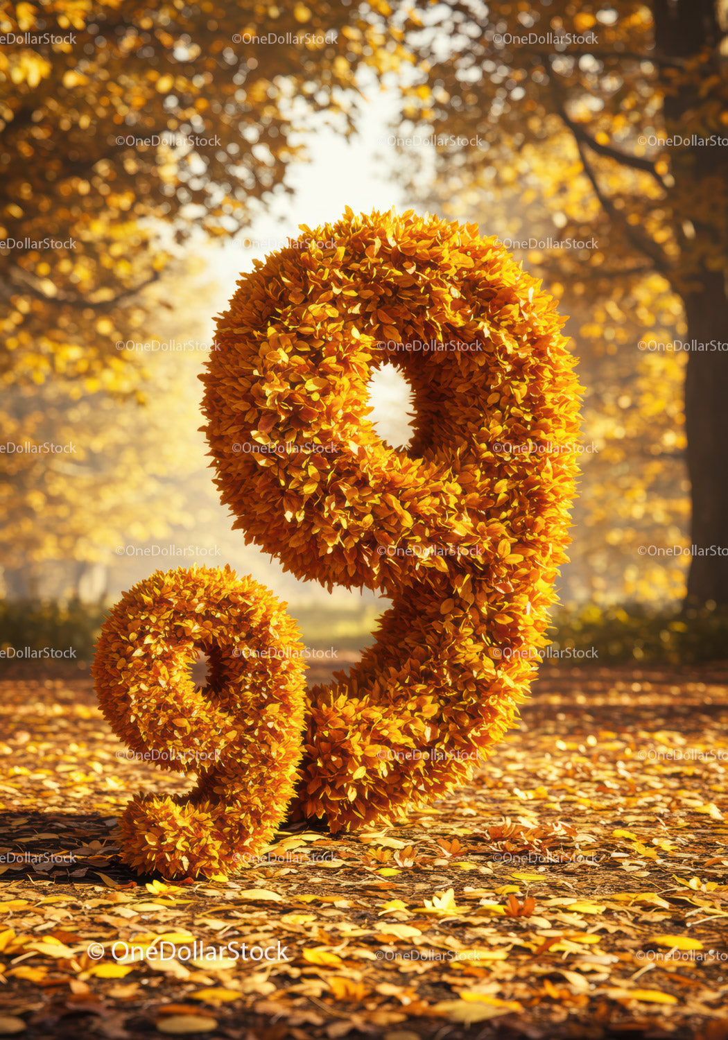 Number Nine Shaped from Autumn Leaves in Forest Path