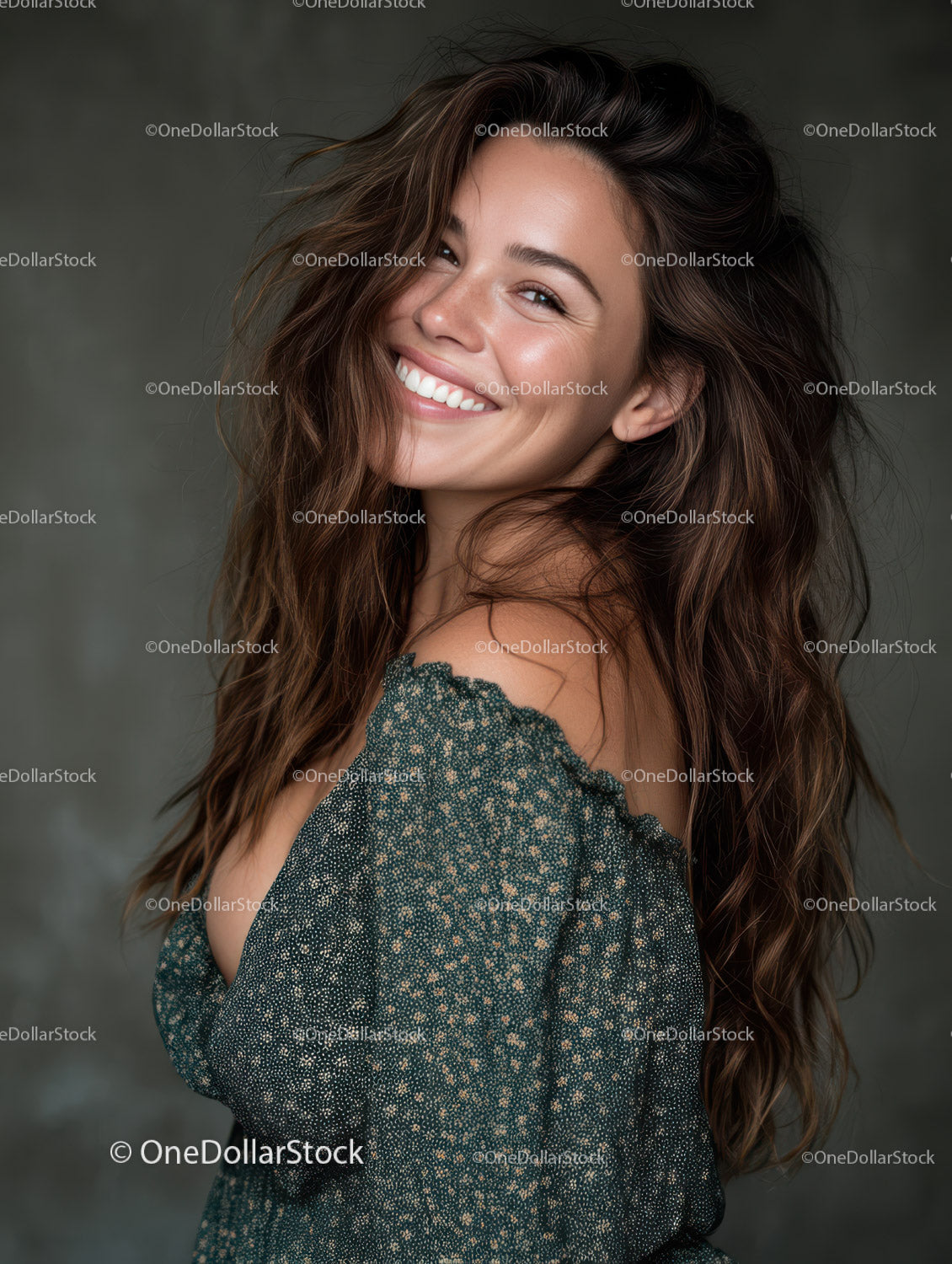 Joyful Woman with Long Wavy Hair Smiling Fashion Portrait
